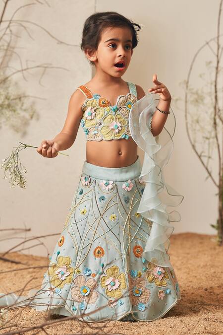 Shop_Merge Design_Aqua Net, Modal, Organza Beads, Embroidery Floral Applique Lehenga Set _Online_at_Aza_Fashions