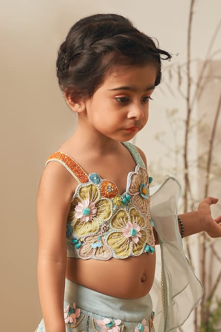 Merge Design_Aqua Net, Modal, Organza Beads, Embroidery Floral Applique Lehenga Set _at_Aza_Fashions