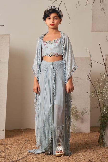 Merge Design_Blue Satin, Georgette Beads, Embroidery Shrug And Dhoti Skirt Set _Online_at_Aza_Fashions