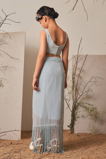 Buy_Merge Design_Blue Satin, Georgette Beads, Embroidery Shrug And Dhoti Skirt Set _Online_at_Aza_Fashions
