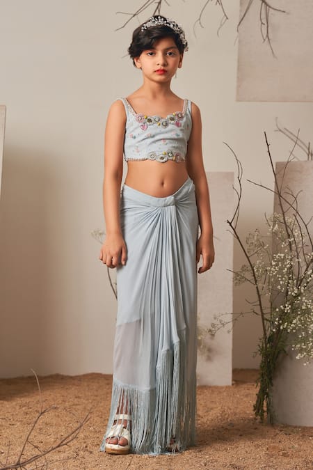 Shop_Merge Design_Blue Satin, Georgette Beads, Embroidery Shrug And Dhoti Skirt Set _Online_at_Aza_Fashions