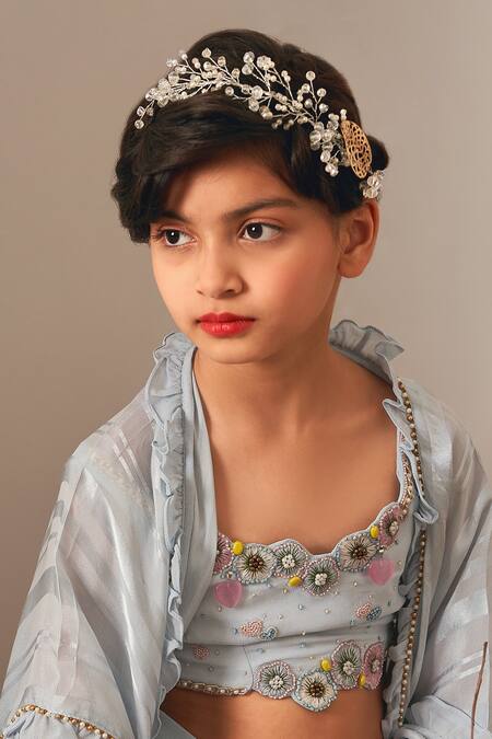 Merge Design_Blue Satin, Georgette Beads, Embroidery Shrug And Dhoti Skirt Set _at_Aza_Fashions
