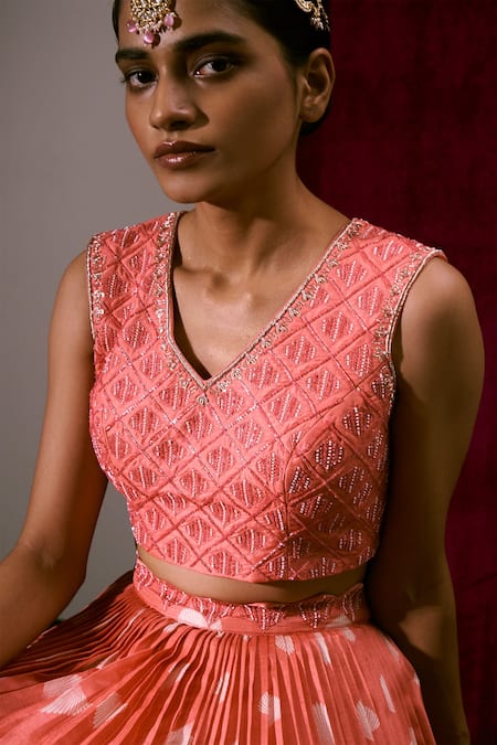Buy_17:17 By Simmi Saboo_Coral Muslin Silk And Embroidery Shell V Neck Bustier & Skirt Set _Online_at_Aza_Fashions