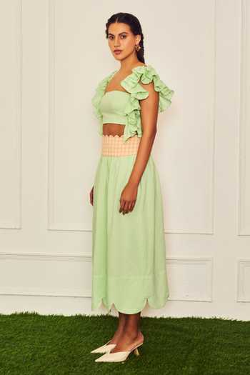 Therealb_Green Cotton Square Neck Jasmine Ruffled Sleeve Blouse And Scalloped Hem Skirt Set _Online_at_Aza_Fashions