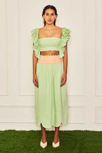 Buy_Therealb_Green Cotton Square Neck Jasmine Ruffled Sleeve Blouse And Scalloped Hem Skirt Set _Online_at_Aza_Fashions