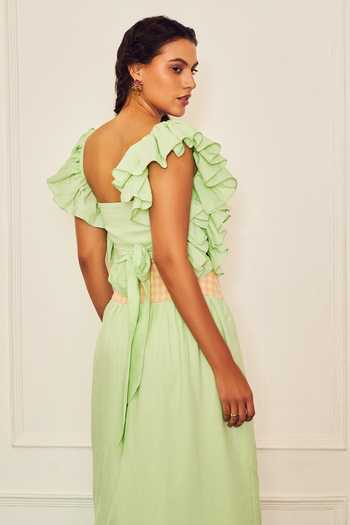 Shop_Therealb_Green Cotton Square Neck Jasmine Ruffled Sleeve Blouse And Scalloped Hem Skirt Set _Online_at_Aza_Fashions