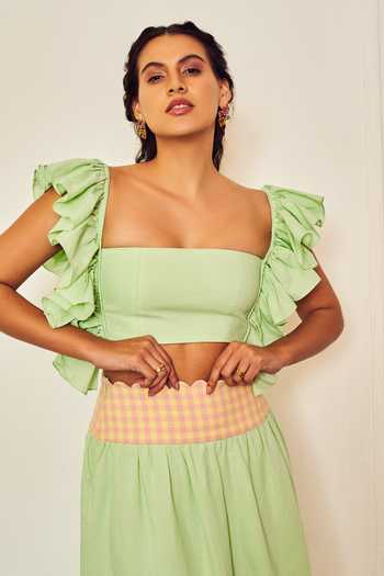 Therealb_Green Cotton Square Neck Jasmine Ruffled Sleeve Blouse And Scalloped Hem Skirt Set _at_Aza_Fashions