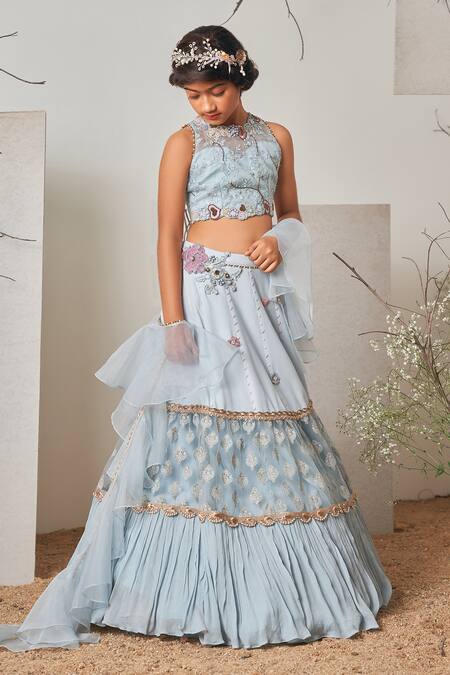 Buy_Merge Design_Blue Organza, Georgette, Chiffon Beads, Cut Work, Stones, Tiered Lehenga Set _Online_at_Aza_Fashions