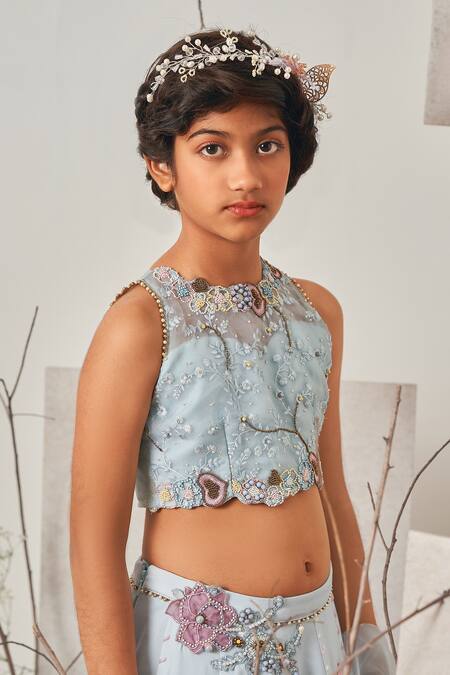 Shop_Merge Design_Blue Organza, Georgette, Chiffon Beads, Cut Work, Stones, Tiered Lehenga Set _Online_at_Aza_Fashions