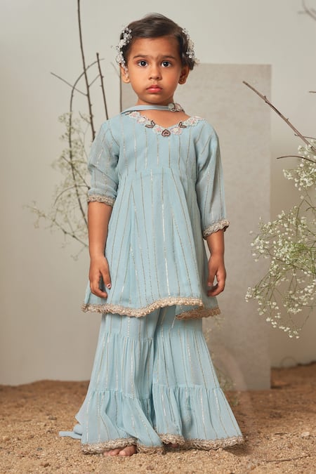 Merge Design_Blue Georgette, Crepe Brooches, Embroidery Kurta Sharara Set _Online_at_Aza_Fashions
