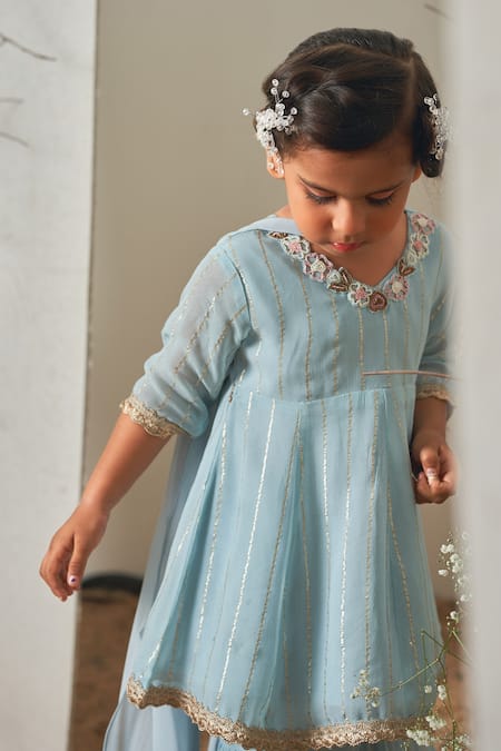 Buy_Merge Design_Blue Georgette, Crepe Brooches, Embroidery Kurta Sharara Set _Online_at_Aza_Fashions