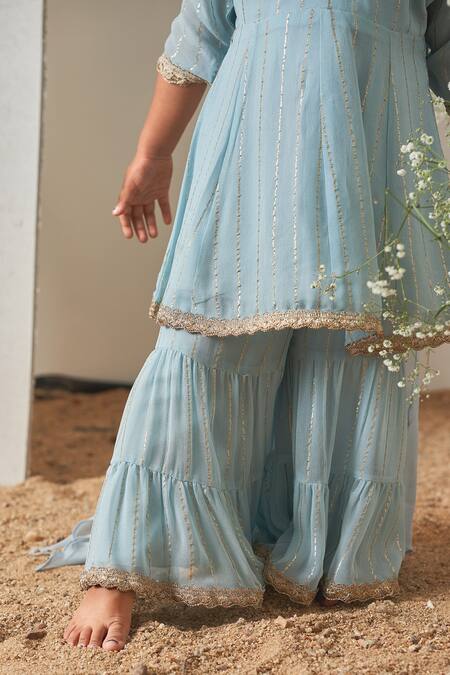 Shop_Merge Design_Blue Georgette, Crepe Brooches, Embroidery Kurta Sharara Set _Online_at_Aza_Fashions