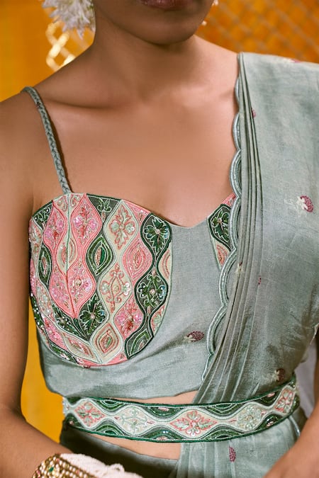Buy 17:17 By Simmi Saboo Green Muslin Silk And Organza Embroidery Strawberry Motif Pant Saree With Bustier Online at Aza Fashions Buy_17:17 By Simmi Saboo_Green Muslin Silk And Organza Embroidery Strawberry Motif Pant Saree With Bustier _Online_at_Aza_Fashions