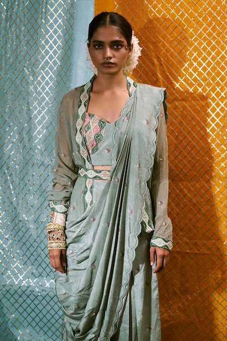 Shop 17:17 By Simmi Saboo Green Muslin Silk And Organza Embroidery Strawberry Motif Pant Saree With Bustier Online at Aza Fashions Shop_17:17 By Simmi Saboo_Green Muslin Silk And Organza Embroidery Strawberry Motif Pant Saree With Bustier _Online_at_Aza_Fashions