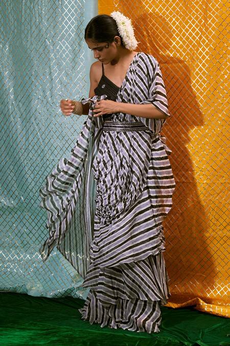 17:17 By Simmi Saboo_Black Organza, Muslin Silk Bead, Stripe V Print Pre-draped Saree With Blouse_Online_at_Aza_Fashions