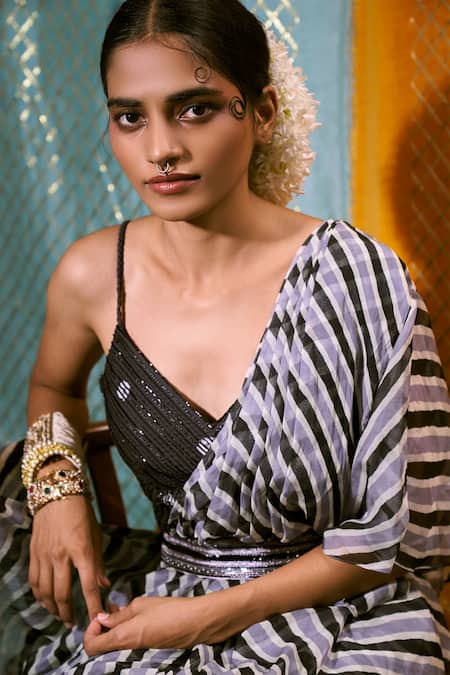 Shop_17:17 By Simmi Saboo_Black Organza, Muslin Silk Bead, Stripe V Print Pre-draped Saree With Blouse_Online_at_Aza_Fashions