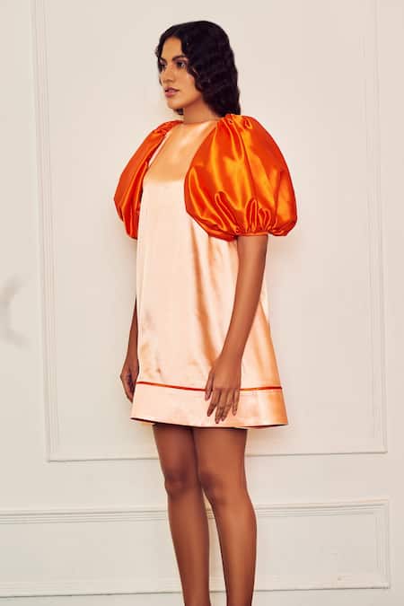 Buy_Therealb_Orange Polyester Round Neck Classic Vintage Trapeze Ballon Sleeves Satin Dress _Online_at_Aza_Fashions