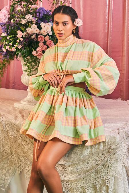 Therealb_Multi Color Cotton High Neck Cool Princess Crop Top And Mini Skirt Set _Online_at_Aza_Fashions