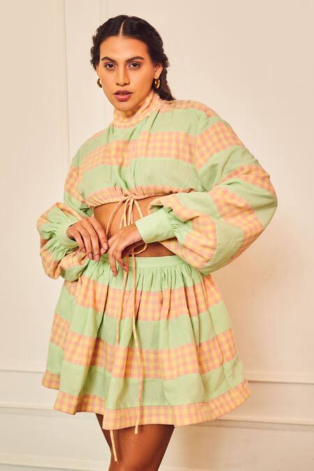 Therealb_Multi Color Cotton High Neck Cool Princess Crop Top And Mini Skirt Set _at_Aza_Fashions
