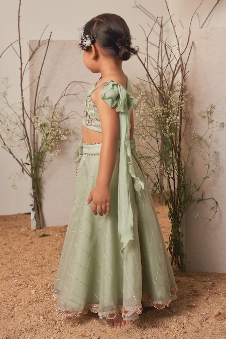 Merge Design_Green Modal, Satin, Crepe, Organza Fabric Embroidered Blouse And Skirt Set _Online_at_Aza_Fashions