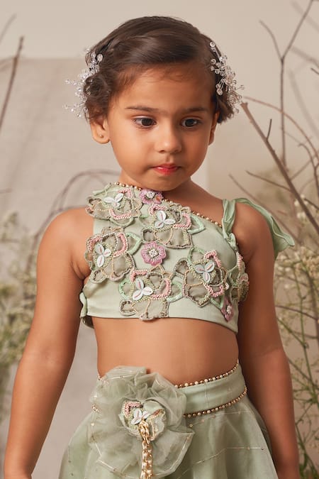 Buy_Merge Design_Green Modal, Satin, Crepe, Organza Fabric Embroidered Blouse And Skirt Set _Online_at_Aza_Fashions