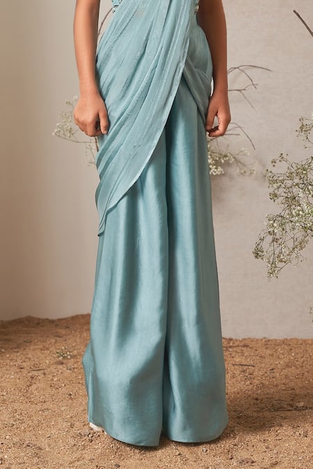 Merge Design_Blue Modal, Crepe, Satin Embroidery Zardosi Blouse And Pant Set _Online_at_Aza_Fashions