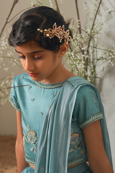 Shop_Merge Design_Blue Modal, Crepe, Satin Embroidery Zardosi Blouse And Pant Set _Online_at_Aza_Fashions
