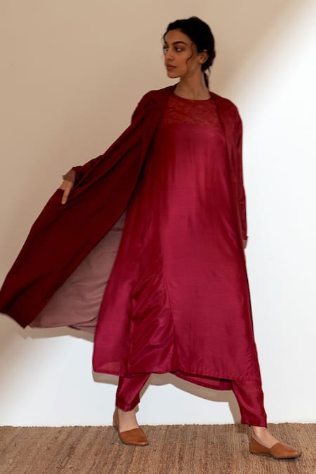 Dot Red , Organza, Satin Embroidery Round Neck Yoke Kurta Pant Set Online at Aza Fashions Dot_Red , Organza, Satin Embroidery Round Neck Yoke Kurta Pant Set _Online_at_Aza_Fashions