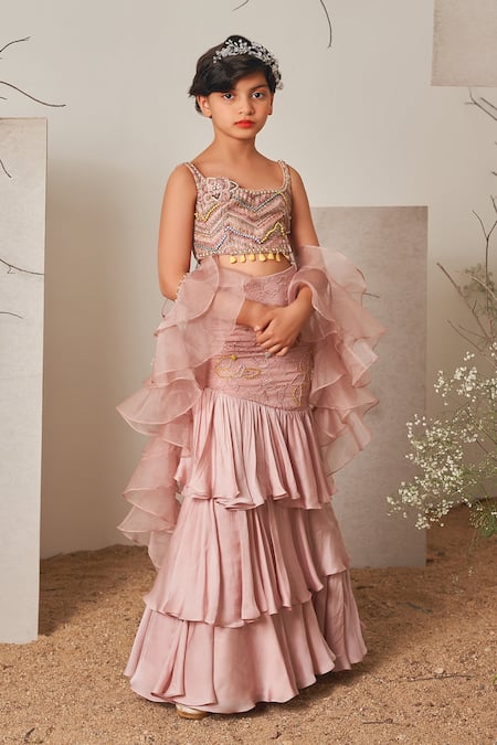 Merge Design_Pink Silk, Modal, Chiffon Sequins, Beads Fish Cut Embroidered Skirt Set _Online_at_Aza_Fashions