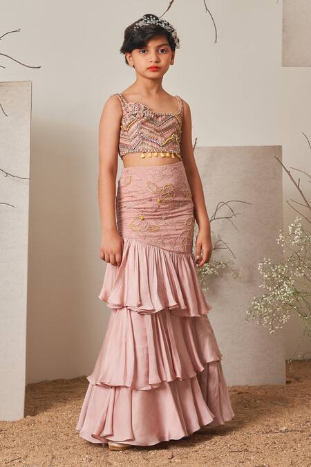Buy_Merge Design_Pink Silk, Modal, Chiffon Sequins, Beads Fish Cut Embroidered Skirt Set _Online_at_Aza_Fashions
