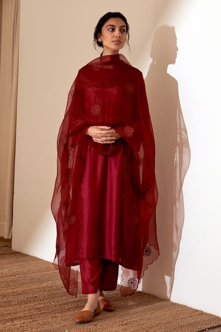 Shop_Dot_Red , Organza, Satin Embroidery Round Neck Yoke Kurta Pant Set _Online_at_Aza_Fashions