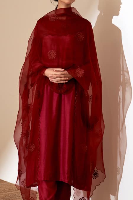 Dot_Red , Organza, Satin Embroidery Round Neck Yoke Kurta Pant Set _at_Aza_Fashions