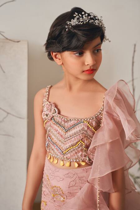 Shop_Merge Design_Pink Silk, Modal, Chiffon Sequins, Beads Fish Cut Embroidered Skirt Set _Online_at_Aza_Fashions