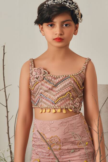 Merge Design_Pink Silk, Modal, Chiffon Sequins, Beads Fish Cut Embroidered Skirt Set _at_Aza_Fashions