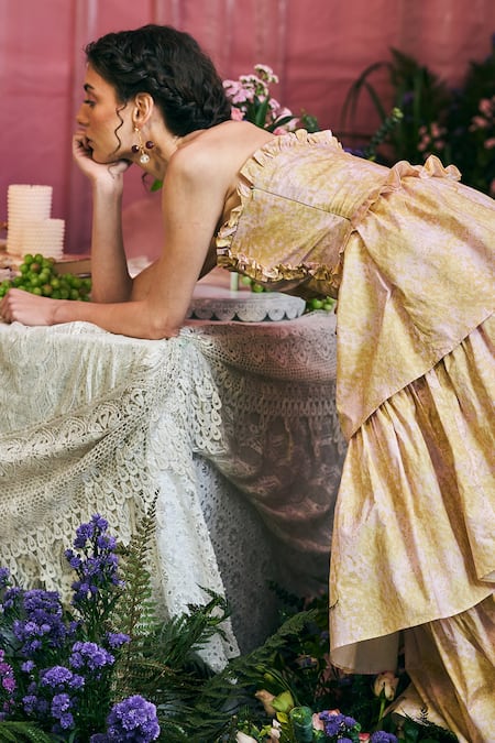 Therealb_Multi Color Cotton Ruffles Off-shoulder Fallen Angel Frill Long Gown _at_Aza_Fashions