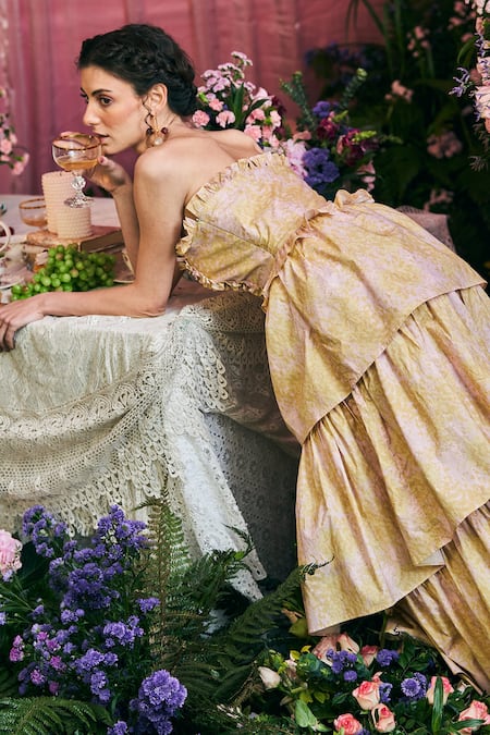 Buy_Therealb_Multi Color Cotton Ruffles Off-shoulder Fallen Angel Frill Long Gown 