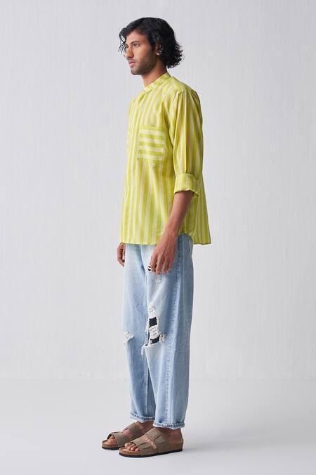 Three_Green Muslin Striped Mulmul Shirt_Online_at_Aza_Fashions