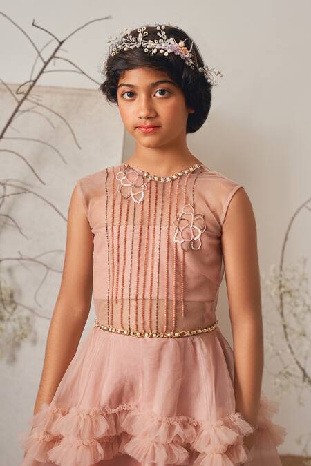 Merge Design_Pink Organza, Crepe Fringe, Embroidery Chain Frill Gown _Online_at_Aza_Fashions