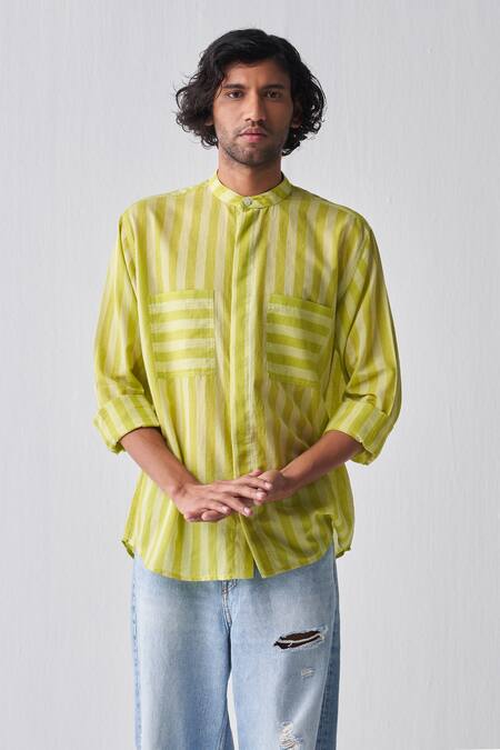 Buy_Three_Green Muslin Striped Mulmul Shirt_Online_at_Aza_Fashions