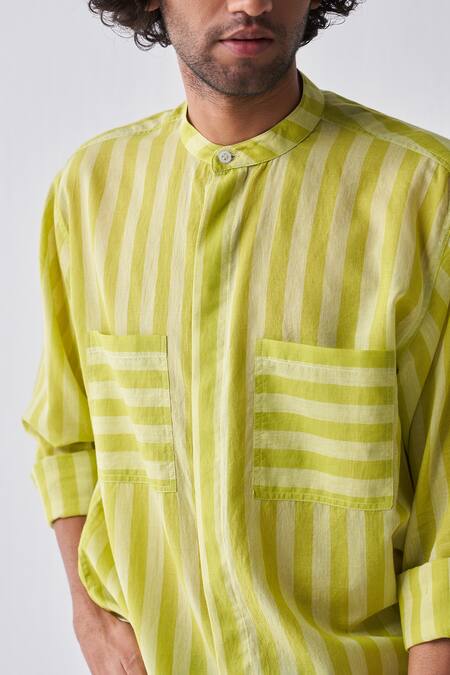 Shop_Three_Green Muslin Striped Mulmul Shirt_Online_at_Aza_Fashions