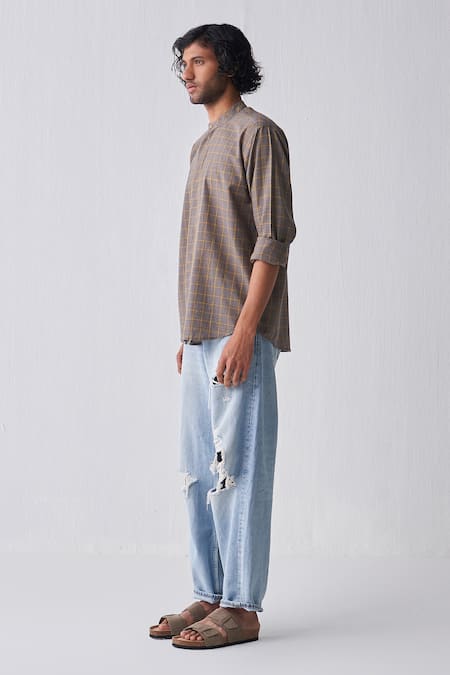 Three Grey Handloom Cotton Checkered Handwoven Shirt Online at Aza Fashions Three_Grey Handloom Cotton Checkered Handwoven Shirt _Online_at_Aza_Fashions