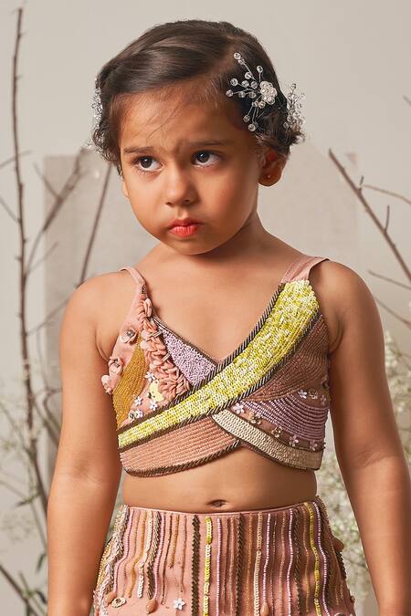 Merge Design_Peach Net, Crepe Beads, Sequins Embroidered Fish Cut Lehenga And Blouse Set _Online_at_Aza_Fashions