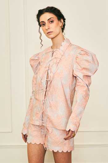 Buy_Therealb_Multi Color Cotton Tassels Mandarin Collar Choas Mutton Sleeve Top And Shorts Set _Online_at_Aza_Fashions