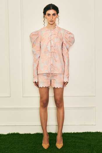 Shop_Therealb_Multi Color Cotton Tassels Mandarin Collar Choas Mutton Sleeve Top And Shorts Set _Online_at_Aza_Fashions