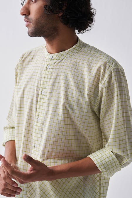 Buy_THREE_Green Cotton, Muslin Checkered Mulmul Shirt _Online_at_Aza_Fashions