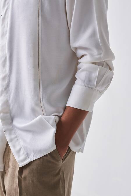 Buy_Three_Ivory Tencel, Handloom Cotton Solid Shirt And Pant Set_Online_at_Aza_Fashions