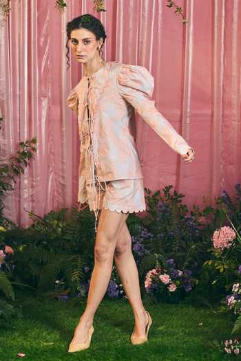 Therealb_Multi Color Cotton Tassels Mandarin Collar Choas Mutton Sleeve Top And Shorts Set _at_Aza_Fashions