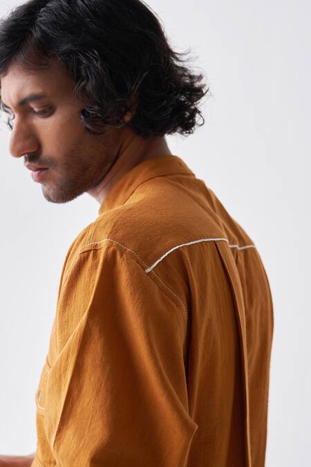 Shop_Three_Brown Handloom Cotton Embroidery Patch And Flap Pocket Shirt_Online_at_Aza_Fashions