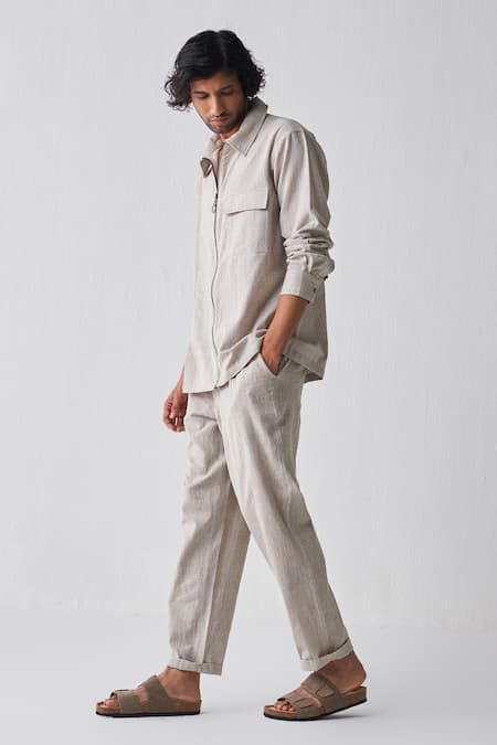 Three Beige Handloom , Handwoven Shacket And Pant Set Online at Aza Fashions Three_Beige Handloom , Handwoven Shacket And Pant Set _Online_at_Aza_Fashions