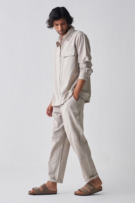 THREE_Beige Handwoven Cotton Solid Shacket _Online_at_Aza_Fashions